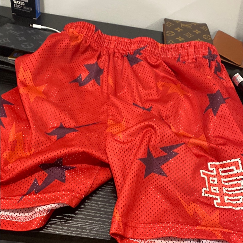 Eric Emanuel Red Athletic Shorts with Black Stars